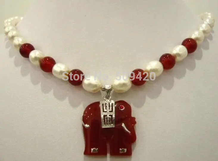 

Free Shipping WholesaleWhite pearl & red jade necklace elephant pendant