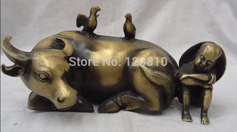 

China Bronze Animals Sculpture Fly Bird On Bull Ox Sleep Child Cowboy Statue