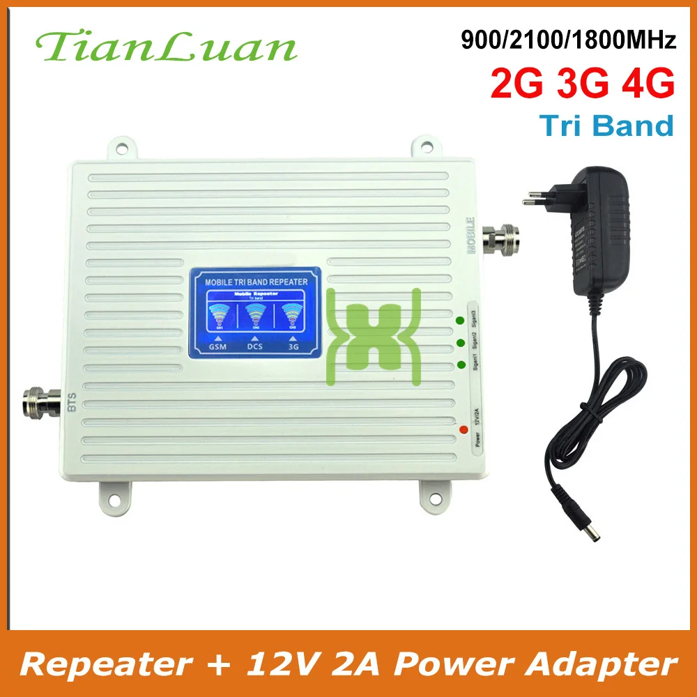 2G 3G 4G Tri band Mobile Phone Signal Booster GSM 900mhz LTE DCS 1800mhz W-CDMA 2100mhz Cell Phone Signal Repeater with Power