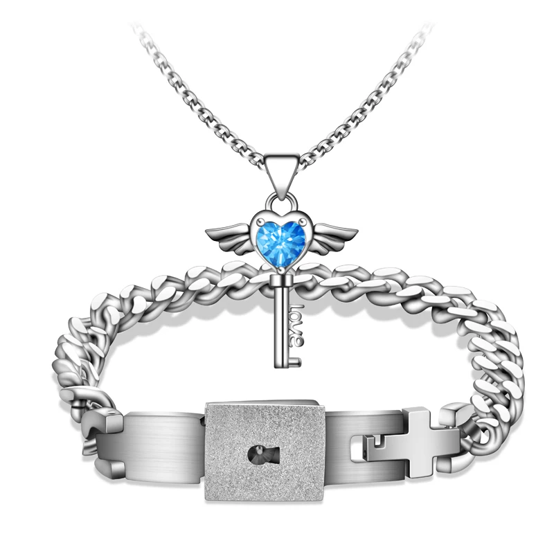 

Couples Bracelets Lock And Key Concentric Pendant Male Female Fashion Valentine's Day Silver Titanium Steel Bracelet Jewelry Set
