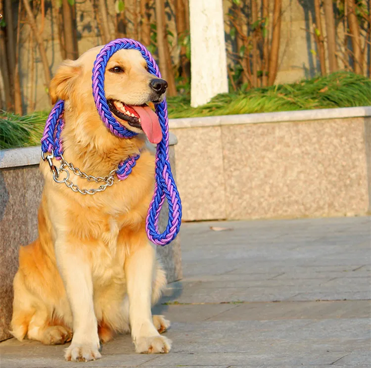 Upgrade Large Dog Leashes Nylon Strong Collar Leashes Stainless Steel Chain Prevent Breakaway Suit for Large Dog (9)
