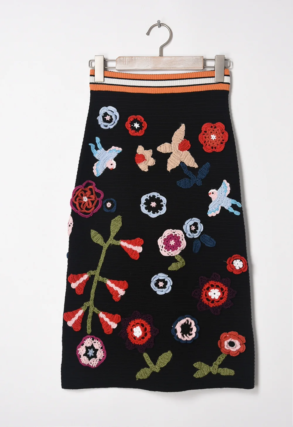 3D Цветы Aapliques миди юбки-карандаш Женская мода подиум элегантный свитер юбка зимняя высокая талия вязаная длинная юбка миди