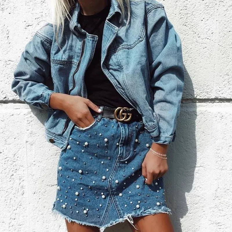 

Denim Skirt High Waist A Word Female Beaded Denim Mini Skirt Irregular Skirt 2019 Summer New Pocket Blue Style Saia Jeans