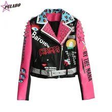 Весна Зима Femmes Таиланд Дизайн Leopard с принтом букв куртка для женщин в стиле панк из искусственной кожи двигатель короткий кардиган пальто с заклепками