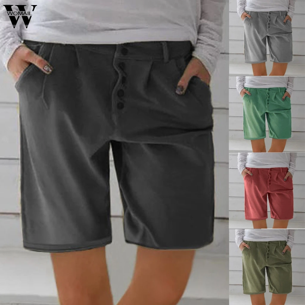 Womail шорты женские короткие летние модные однотонные хлопковые и льняные карманы повседневные винтажные прямые шорты Jun11