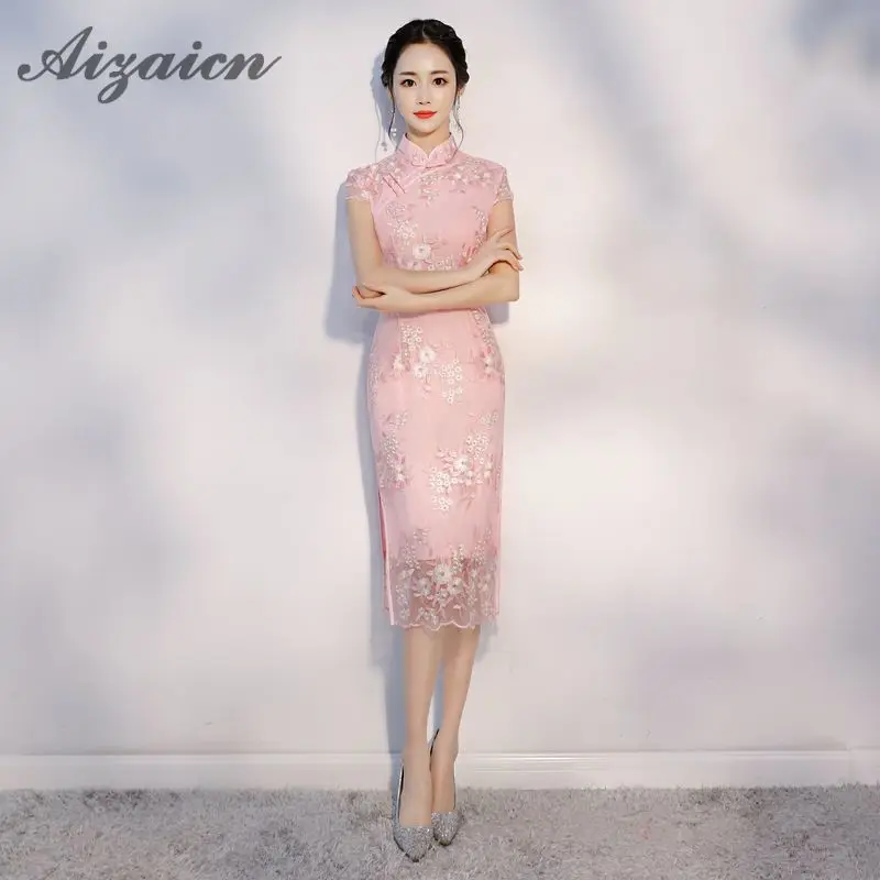 Розовый китайский Ципао длинные Современные традиционные китайские Модные свадебное платье кружево Cheongsam Designsexy Oriental Qi Pao Curto