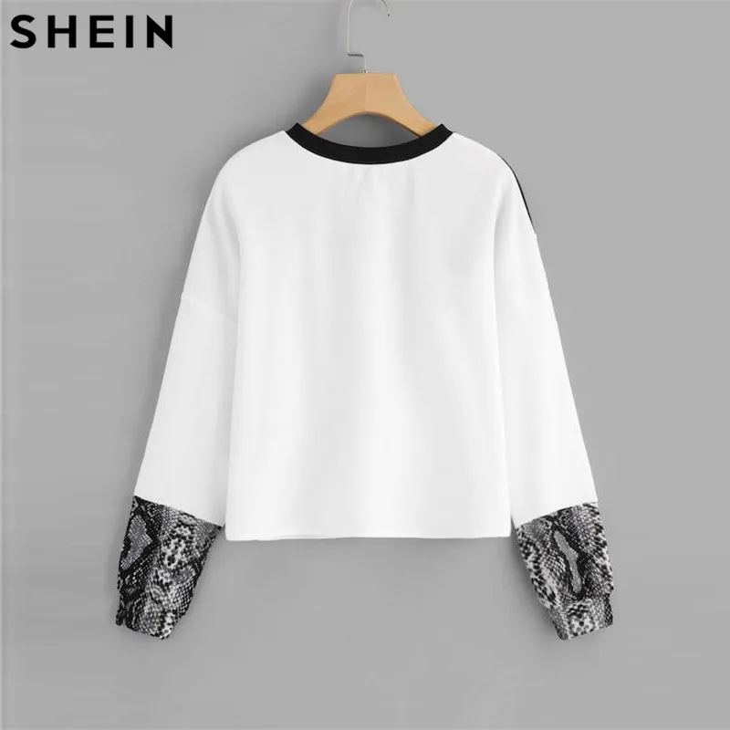  SHEIN Color Block Snake Skin Sweatshirt Preppy Round Neck Long Sleeve Pullovers Women Autumn Multic