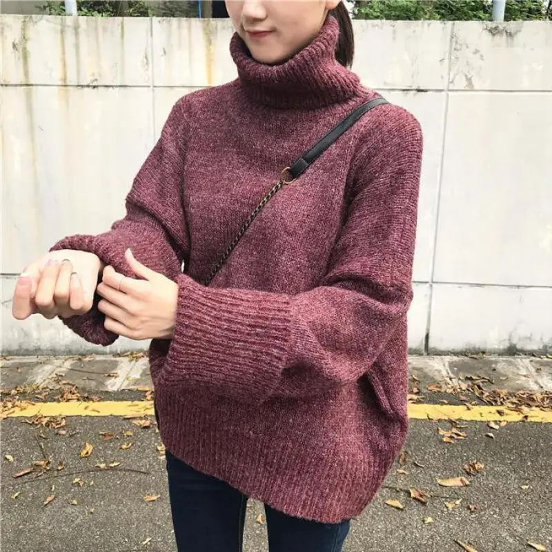 Сплошной цвет вязаный свитер женский Осень Корейская версия дикий высокий воротник Толстая линия длинный рукав свободный пуловер Женский Топ свитер
