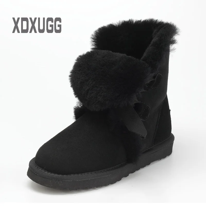 

Australia natural sheep fur one snow boots female Warm winter Flat heel Bandage Calf height Boots,Large size/ Free shipping