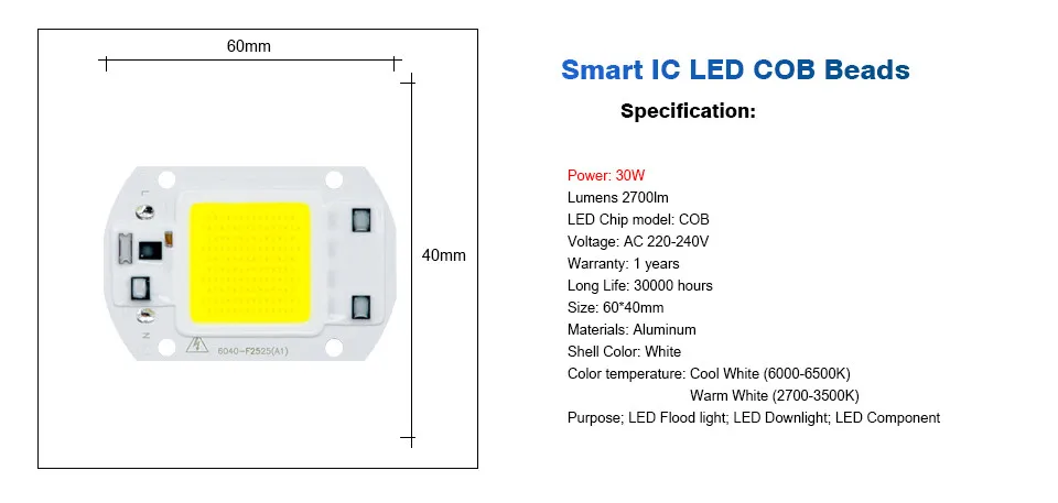 Реальный Мощность светодиодный COB Чип 30 Вт Светодиодный лампа 110 V 220 V Вход IP65 умная ИС(интеграционная схема для DIY открытый светодиодный прожектор чипы