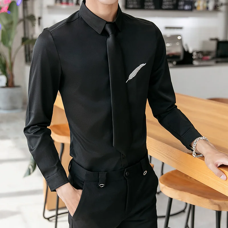 New Feather Embroidery Tuxedo Shirt Men Slim Fit Long Sleeve Nightclub ...