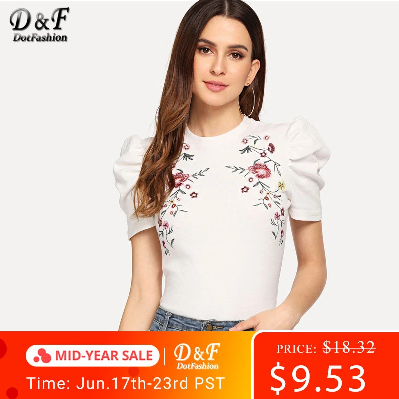 Download Dotfashion Embroidered Puff Sleeve Mock Tee Shirt Women 2019 Clothes Tops Casual Summer Short ...