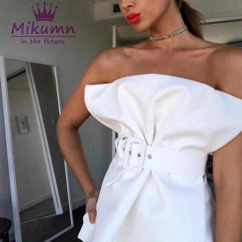 

Sexy Off Shoulder Top Women Blouse Shirt 2019 Summer Fashion Ruffles Sleeveless Slim Bodycon Lady Club Party Wear Tops With Belt