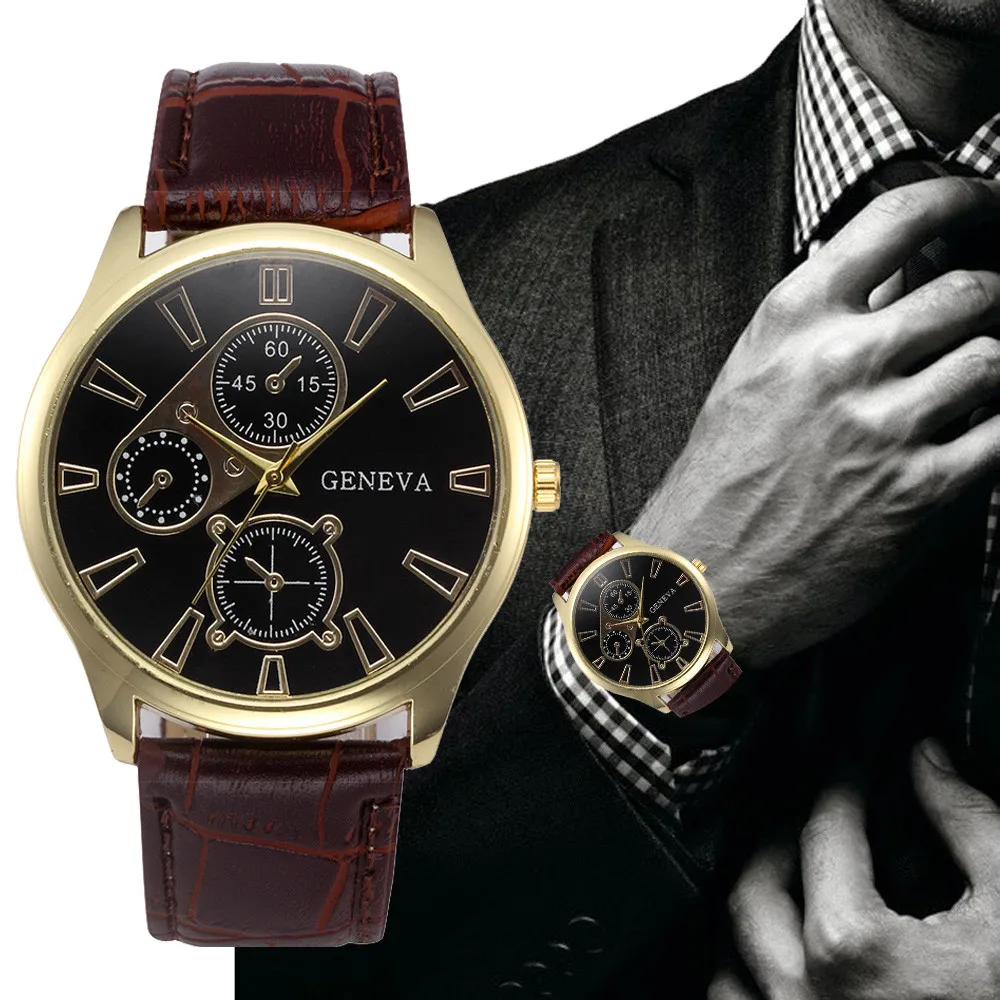 

Geneva Watch Men Retro Design PU Leather Band Three Eyes Analog Alloy Quartz Wrist Watch Relogio masculino montre homme