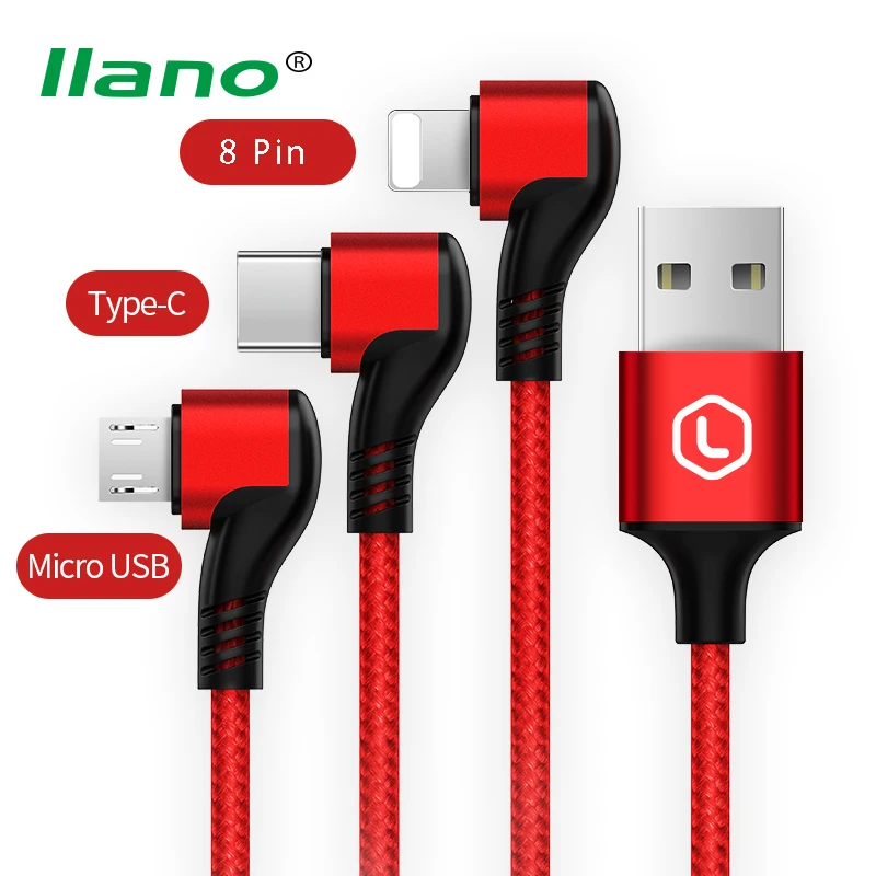 

llano 3 in 1 USB Charging Cable For iPhone Micro USB Type C 90 Degree 3A Fast Phone Charger Data Cable for Samsung Huawei Xiaomi