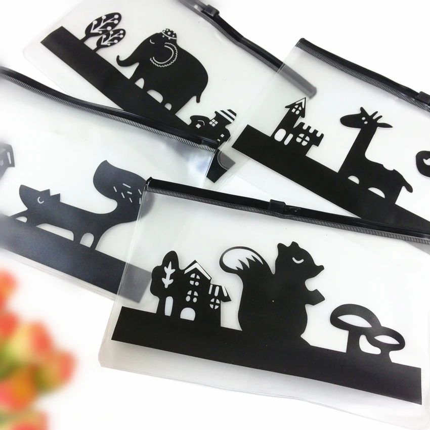 

1pcs/lot NEW Black Animal translucent waterproof pu pencil bag cute Ticket bags simple Cosmetic bag Storage bag for Collection