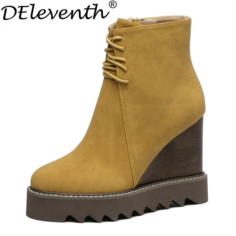 

DEleventh 2016 Winter Concise Lace-up Wedges Heels All-match Round Toe High Heels Cross Strap Nubuck Leather Yellow