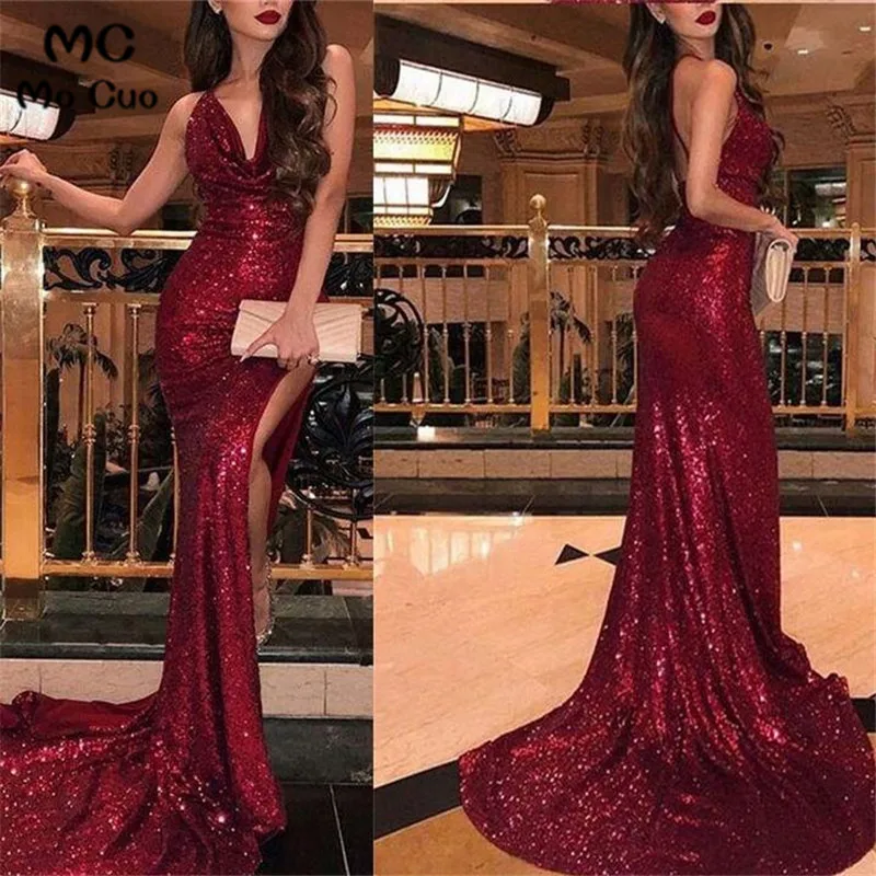 Shiny Burgundy Spaghetti Straps Jewel Mermaid Prom Dresses, Sequin Prom Dresses