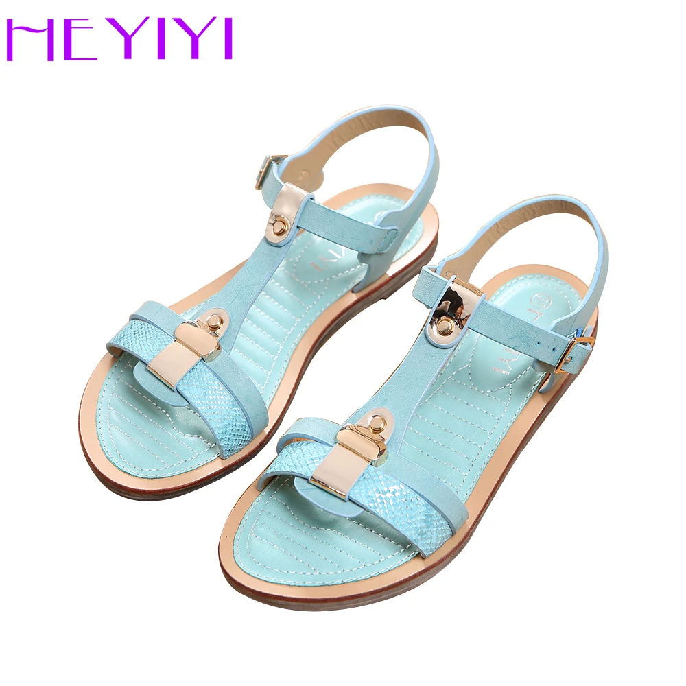 

Women Sandals Flat Shoes Women Summer Soft EVA Insole PU Leather Large Size Buckle T-Strap Sewing Rubber Sole Camel Blue Shoes