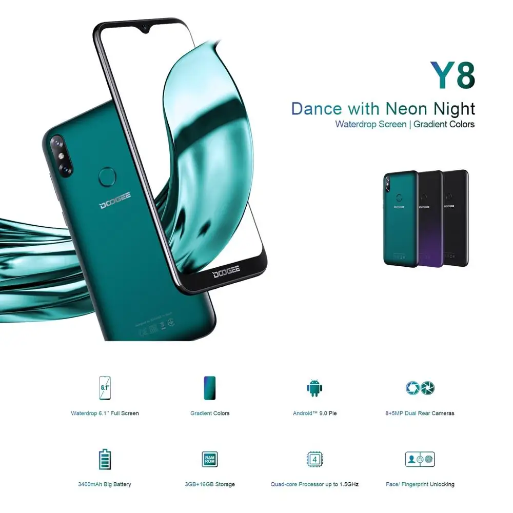 

Doogee Y8 4G LTE 3GB 32GB Mobile Phone Android 9.0 6.1" FHD 3400mAh MTK6739 Face Unlock Fingerprint ID Smartphone