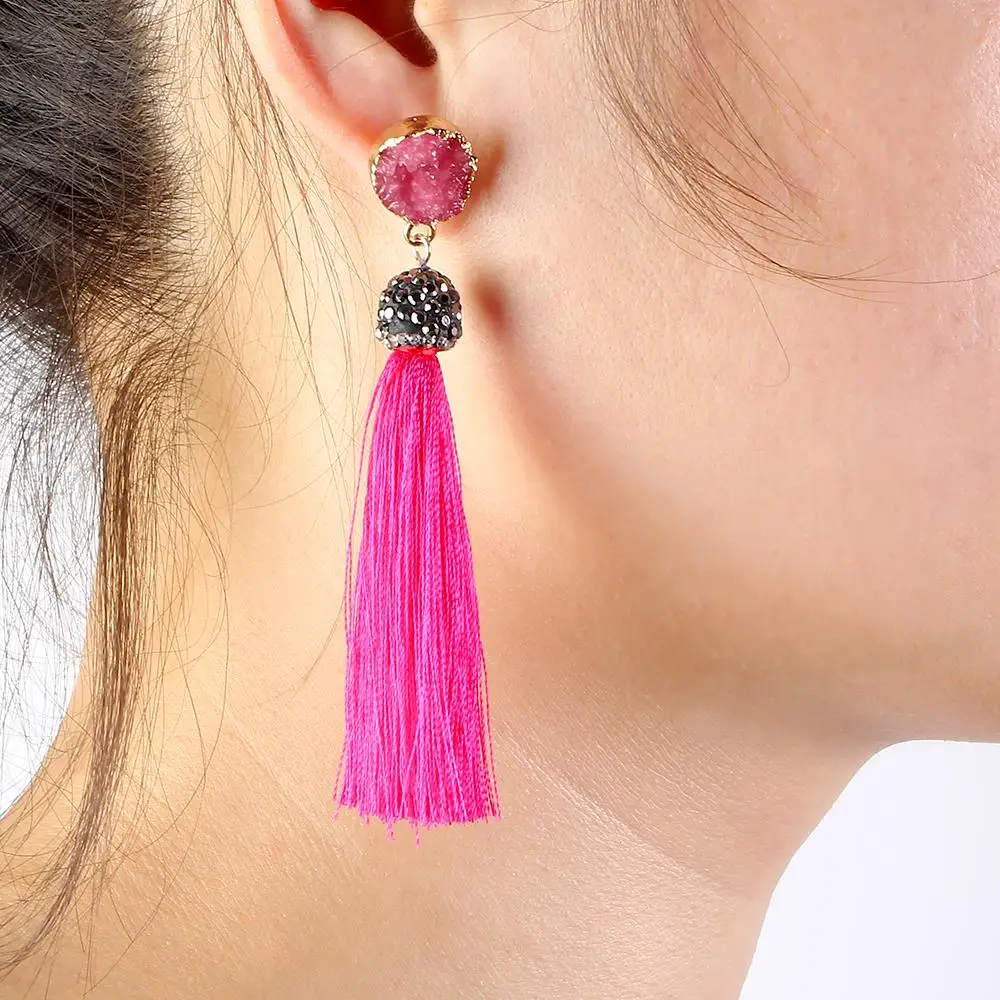 Multiple Colors Silk Fabric Luxury Natural Stone Tassel Drop Earrings Crystal Long Dangle