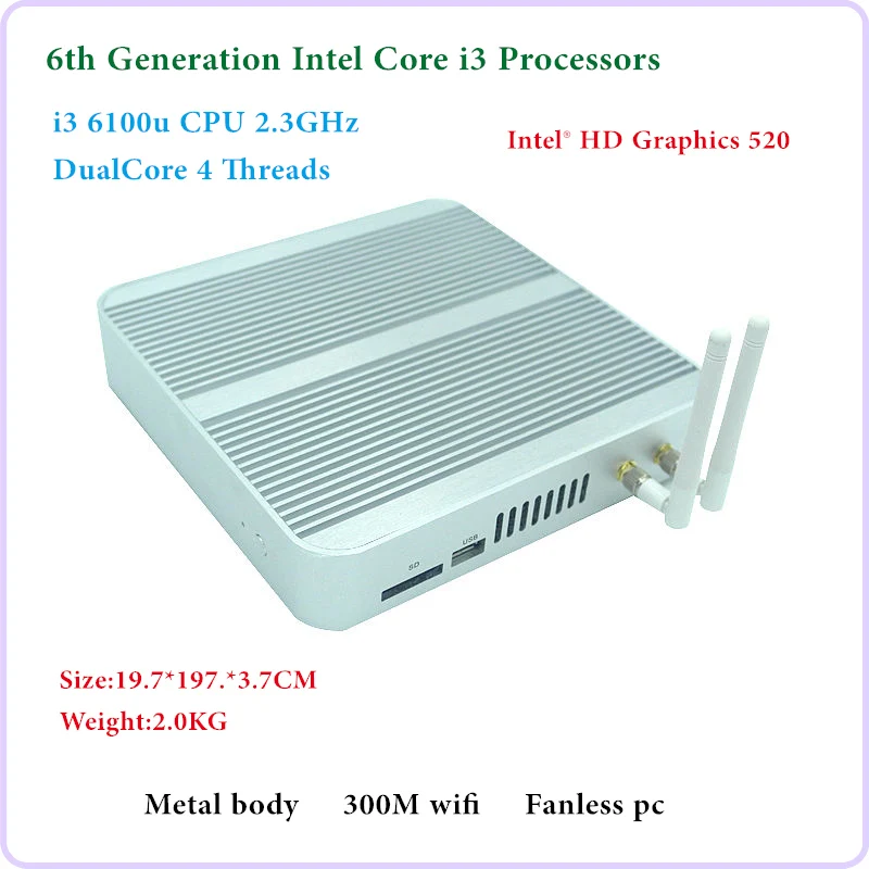 HRF 6th Generation Fanless Mini pc Core I3 6100U Windows 10 Mini PC Nettop 4K VGA