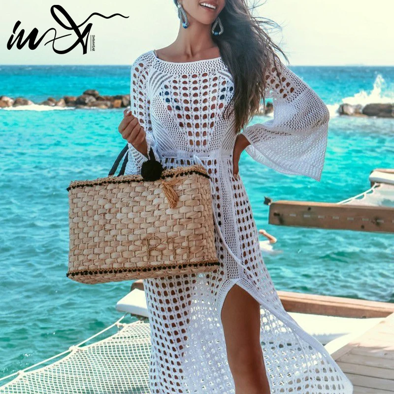 

In-X Long sleeve cover up Hollow crochet swimsuit Beach dress Women 2019 Sexy ladies cover-ups White tunic Summer beach wear new