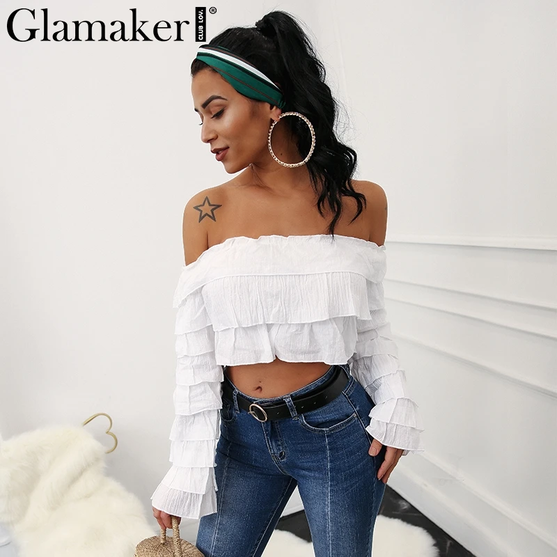 

Glamaker Ruffle cotton white blouses shirts Women tops off shoulder sexy summer style crop top tees spring feminine blouse 2018