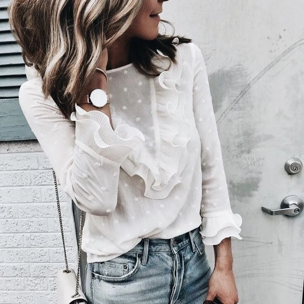 

New Women Long Sleeve Blouse Ruffle Party Lace Frill Office Work Shirt Womens Blouse Top