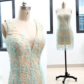 

Turquoise Sheath V Neck Knee-Length Crystal Tulle Prom Party Formal Evening Dress M 263807