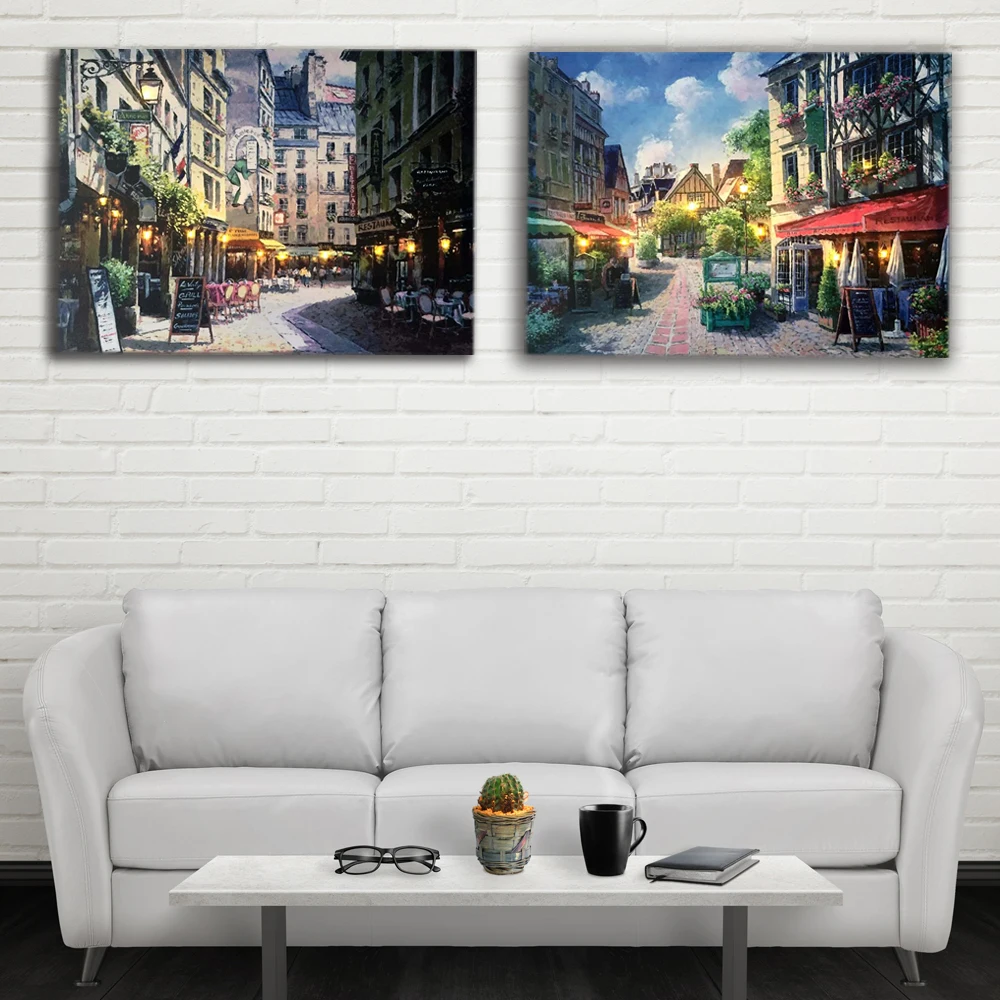 Kaufen Led Leinwand öl malerei Städtischen cafe mit Antike Shop Straße Szene wand bild beleuchtet leinwand druck licht up wand kunst decor