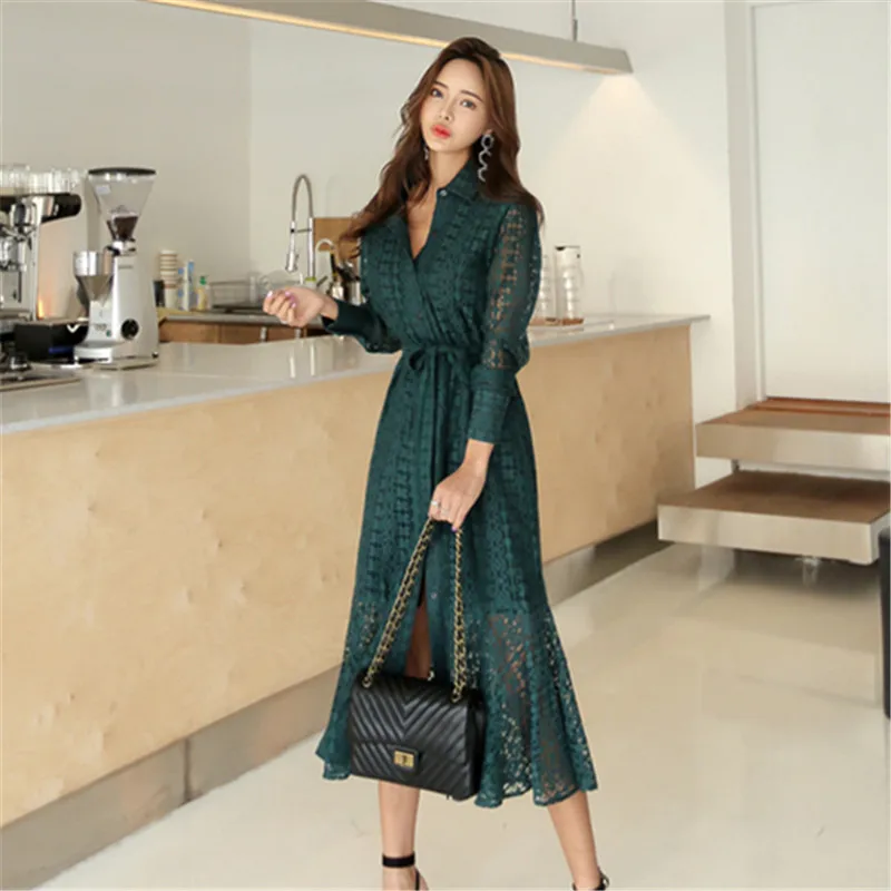 

Vintage Hollow-out Lace Women Long Dress Single Breasted Bandage Elegant Mermaid Female Dress Full Sleeve Spring Vestidos femme