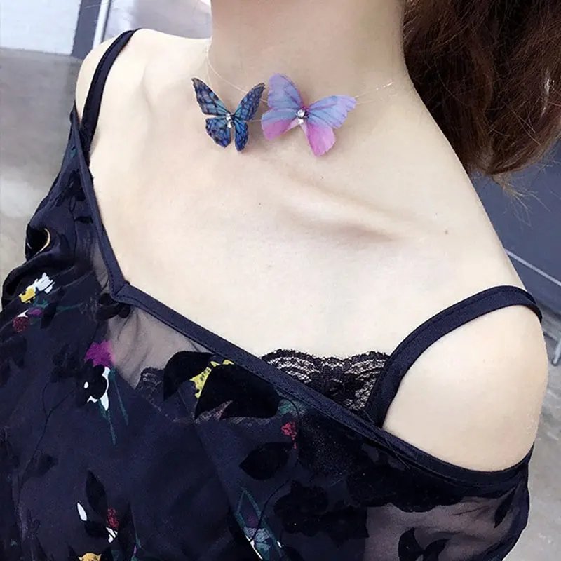 

New Fashion Necklace Butterfly Choker Colorful Double-layer Butterfly Wings Transparent Fishing Line Beautiful Yarn Necklace