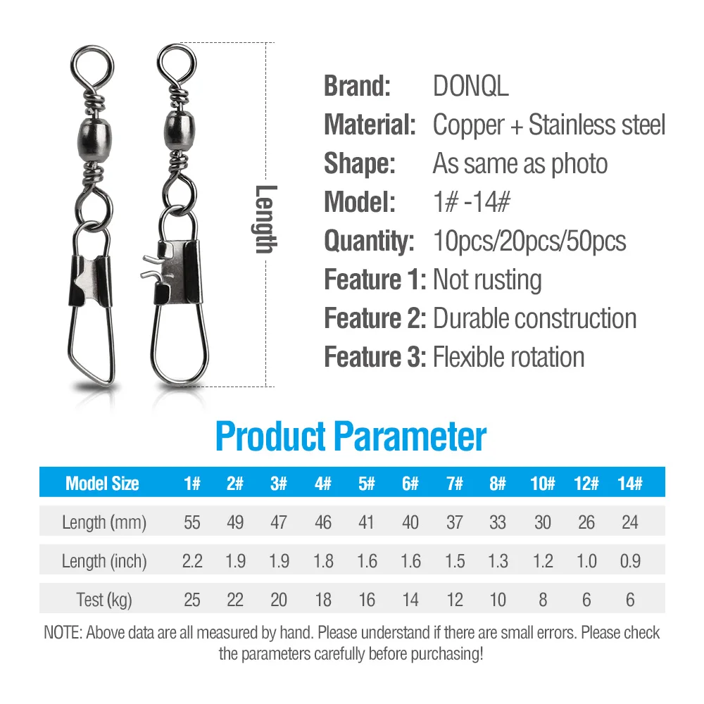 DONQL 10/20/50 шт./лот поворачивается блокировки рыболовные подшипников качения Нержавеющая сталь с застежкой на крючок воблер соединитель