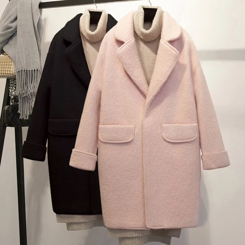 

Streetwear Long Wool Coat Loose Single Breasted Wool Blend Coat and Jacket Turn-down Collar Women Coats Autumn Winter