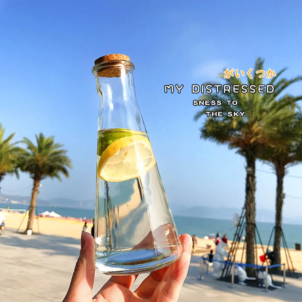 

Summer Cone Drifting Glass Water Bottles Cold Juice Lemon Milk Tea Shop Cafe Water Bottle Retro Wooden Stopper Drinkware