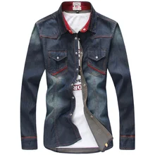 Мужская рубашка с длинным рукавом темно-синие джинсовые рубашки новые осенние мужские хлопковые Узкие повседневные рубашки высококачественные мужские джинсовые рубашки Размер 3XL