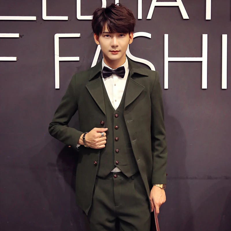 2017 Army Green Suits Mens Vintage Wedding British Style Long Trench Coats 3pcs 2017 Army Green Suits Mens Vintage Wedding British Style Long Trench Coats 3pcs