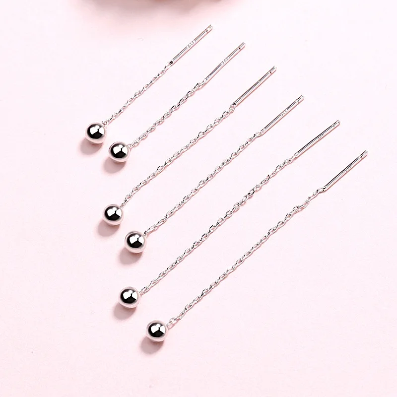 

925 Sterling Silver Small Round Bead Long Charm Drop Earrings For Women Wedding Jewelry Earring Female Brinco oorbellen eh185