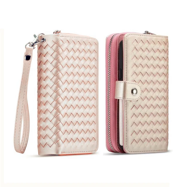 Best Offers Luxury Wallet Case For Samsung Galaxy S9/S9 Plus Case Zipper Weave Magnet Removable Phone Cover For Samsung S9+ S 9 Case Strap