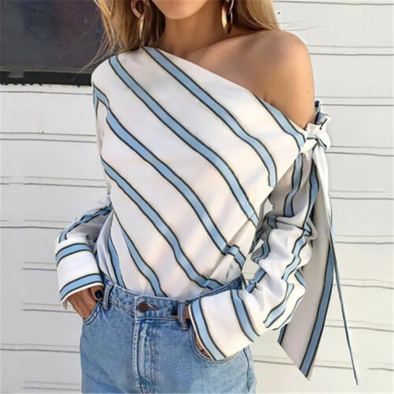 

Women Girls Loose Casual Striped Tshirt One Shoulder Long Sleeve Bandage T-Shirt lady office Tee Slim Party streetwear Tops