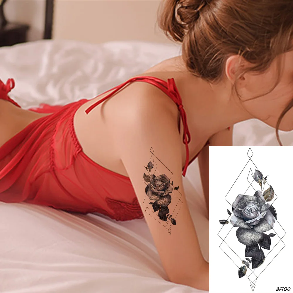 Sexy Women Geometric Temporary Tattoo Stickers Black Rose Body Arm Fake Girls Makeup 3D Flower Waterproof Tatoos | Красота и здоровье