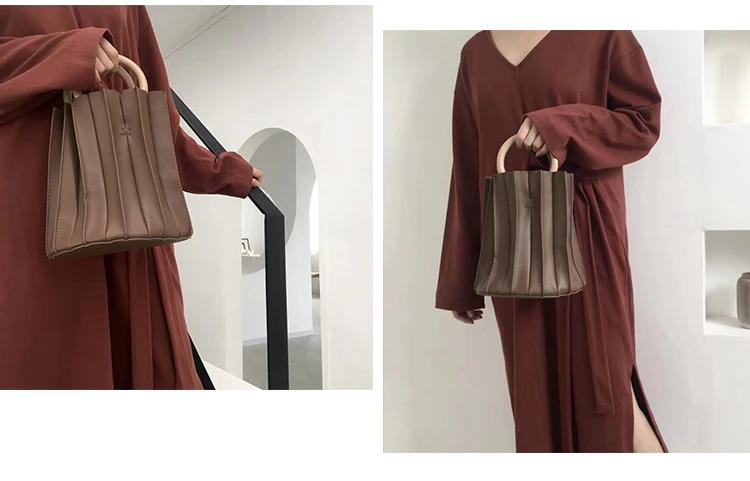 Винтажная трехмерная плиссированная сумка-ведро с деревянным кольцом и верхней ручкой, женская дизайнерская сумка через плечо, вечерняя сумочка-клатч