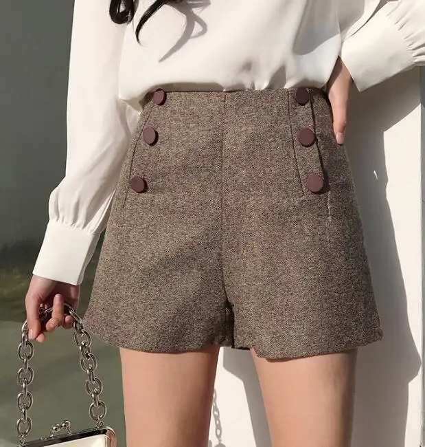 Women Winter Woolen Shorts With Buttons High Waist Formal Winter Shorts Elegant Slim Women 