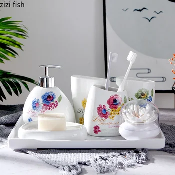 

Creative ceramics Bathroom kit Colored flowers Bathroom group Mouth cup Five-piece suit Bathroom storage Home Decorations