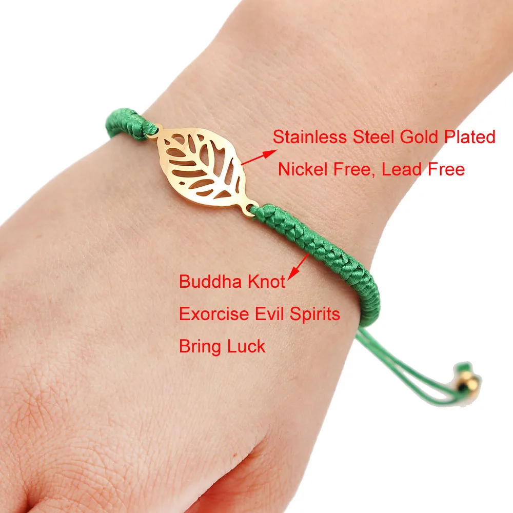 

Lucky Handmade Good Luck Bracelet Stainless Steel Leaf Charm Adjustable Friendship Red String Buddha Knot Protection Bracelets
