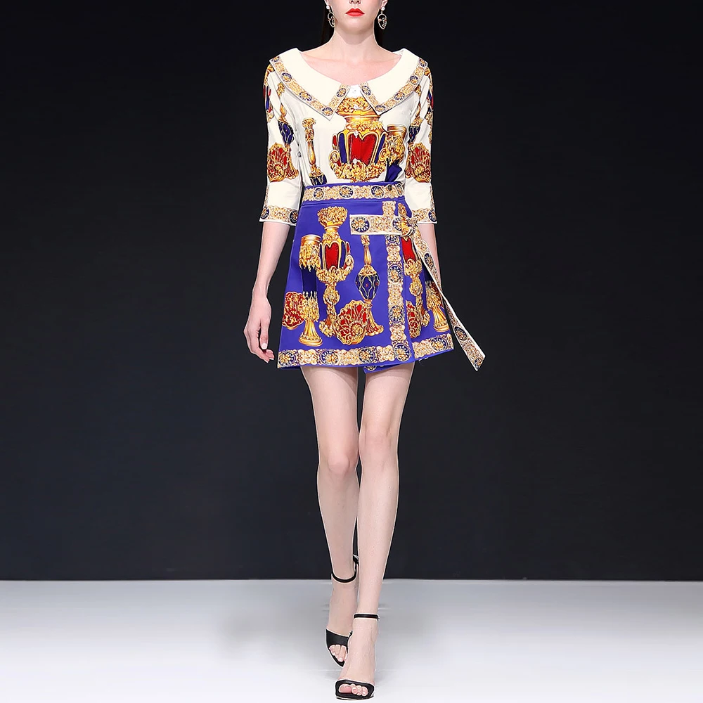 

Red RoosaRose Two Piece Set Runway Designer Women 2019 Summer Floral Print Half Sleeve Blouse Tops + Mini Skirt Suits Twinsets