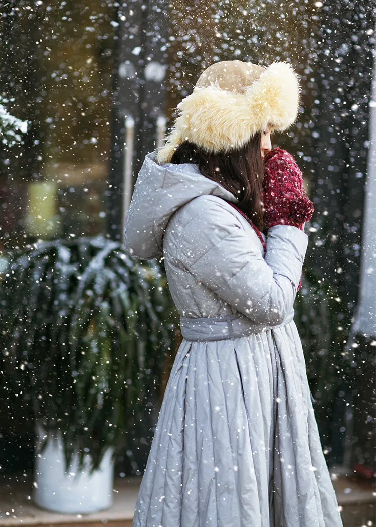 MM093 Новое поступление зима винтажный женский пуховик с поясом и длинным рукавом с капюшоном