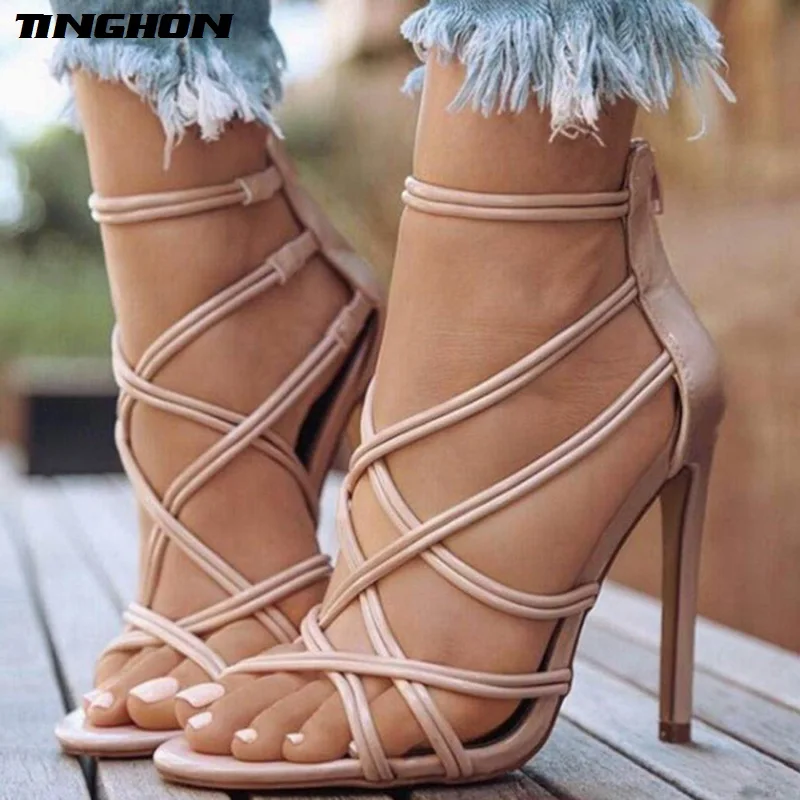 

TINGHON NEW Sexy Fashion Gladiator Woman Sandals Summer Striped Peep Toe Stiletto High Heels Shoes Sandals Black Gold Nude 35-43