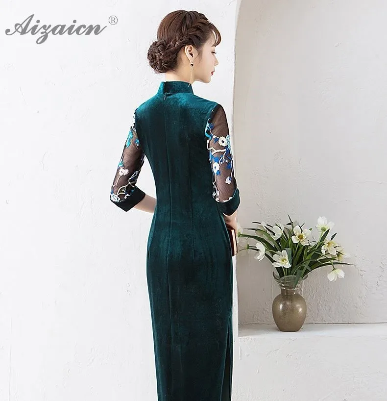 2019 новый бархат Cheongsam темно зеленый платья для женщин Chinoise Вышивка Длинные Qi Pao для Китайская традиционная костюмы вечернее платье